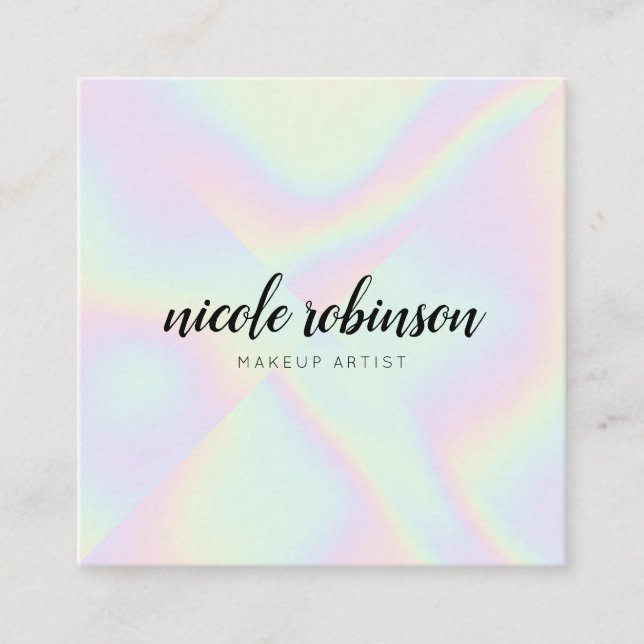 Modern makeup artist pastel rainbow holographic square business card (Front)