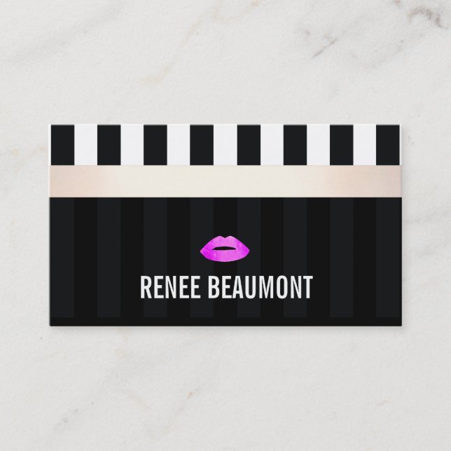 Modern Makeup Artist Pink Lips Striped Business Card (Front)