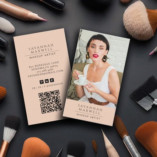 Modern Makeup Artist Professional Photo Peach Pink Business Card