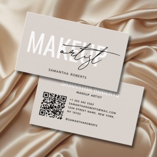 Modern makeup artist QR Code beige Business Card