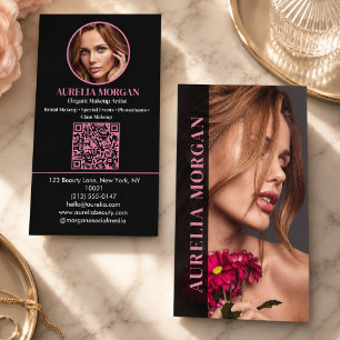 Modern Makeup Artist Qr Code Photo Black Pink Business Card
