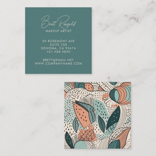Modern Makeup Artist Salmon Green Abstract Shapes  Square Business Card (Front/Back)