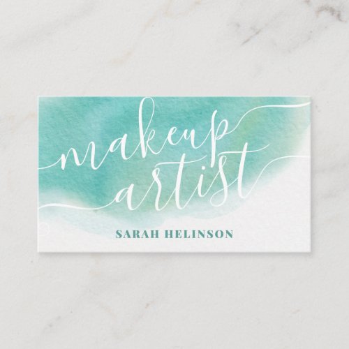 Modern makeup artist teal watercolor typography business card