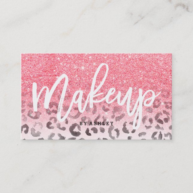 Modern makeup faux pink glitter leopard watercolor business card (Front)