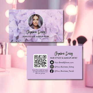 Modern makeup floral purple photo qr code business card
