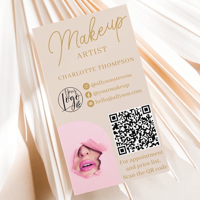 Modern makeup gold beige logo Qr code 2 photos Business Card (Modern makeup gold beige logo Qr code 2 photos Business Card)