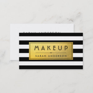 Modern Makeup - Gold Label and Black White Stripes Business Card