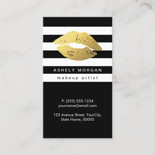 Modern Makeup Gold Lips _ Chic Black White Stripes Business Card