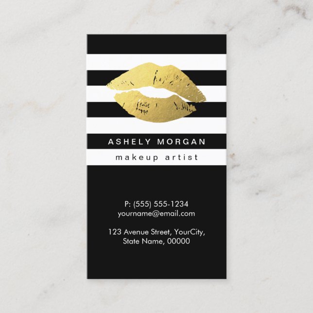 Modern Makeup Gold Lips - Chic Black White Stripes Business Card (Front)