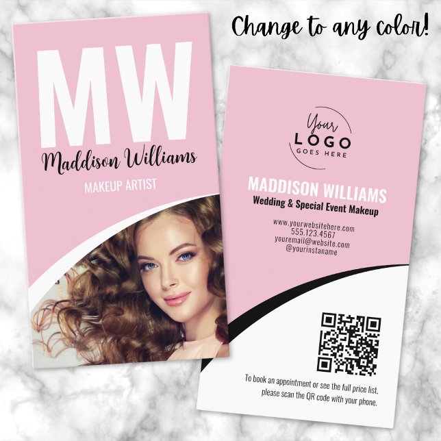 Modern Makeup Photo Logo Pink Monogram Business Card (Pink Photo Modern Makeup QR Code Logo Monogram Business Card)