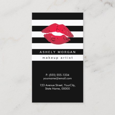 Modern Makeup Red Lips - Chic Black White Stripes Business Card