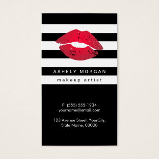 Modern Makeup Red Lips - Chic Black White Stripes Business Card