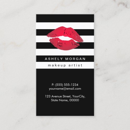 Modern Makeup Red Lips _ Chic Black White Stripes Business Card