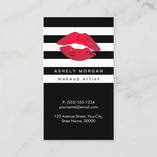 Modern Makeup Red Lips - Chic Black White Stripes Business Card (Front)