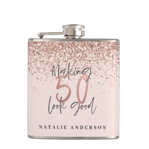 modern making 50 look good rose gold glitter flask