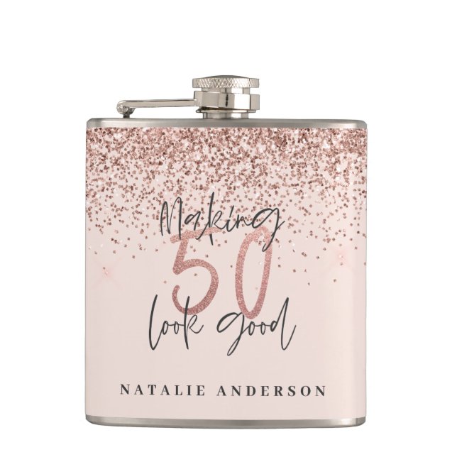 modern making 50 look good rose gold glitter flask (Front)