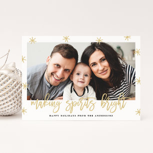Modern Making Spirits Bright Gold Script Photo Holiday Card