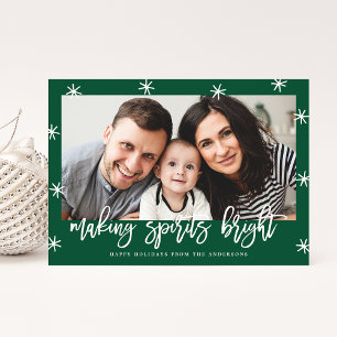 Modern Making Spirits Bright Green Script Photo Holiday Card