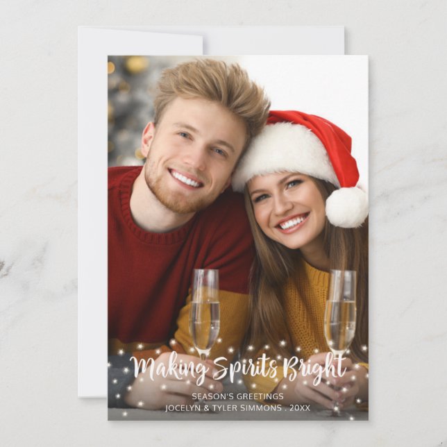 Modern MAKING SPIRITS BRIGHT Script Lights Holiday Card (Front)
