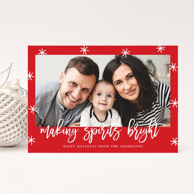 Modern Making Spirits Bright Script Red Photo Holiday Card (Creator Uploaded)