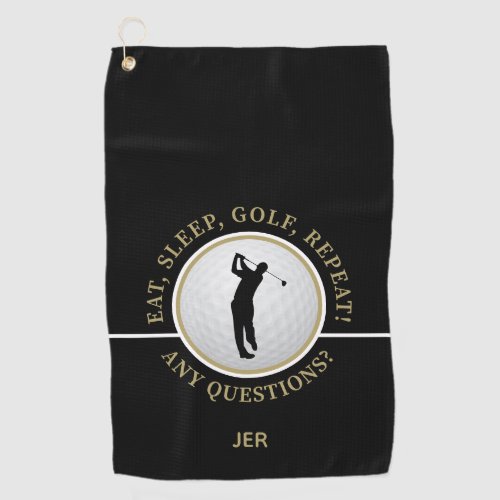 Modern Male Golfer Pro Golf Ball Quote Black Gold Golf Towel