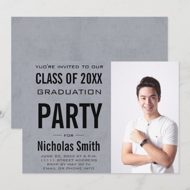 MODERN MALE GRAD BLUE GRADUATION PARTY INVITATION (Front/Back)