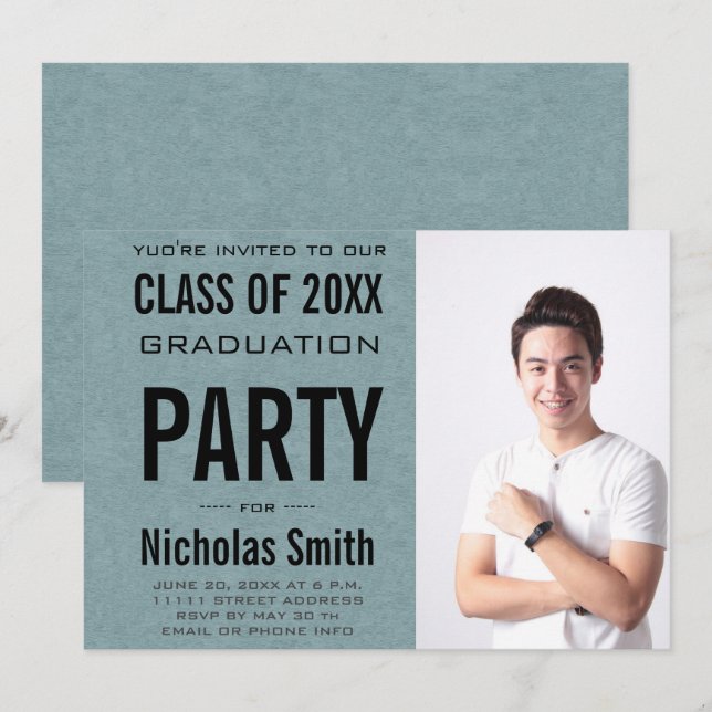 MODERN MALE GRAD BLUE GRADUATION PARTY INVITATION (Front/Back)