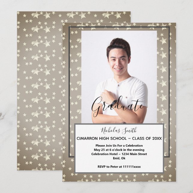 MODERN MALE GRAD GREY STARS | GRADUATION PARTY INVITATION (Front/Back)
