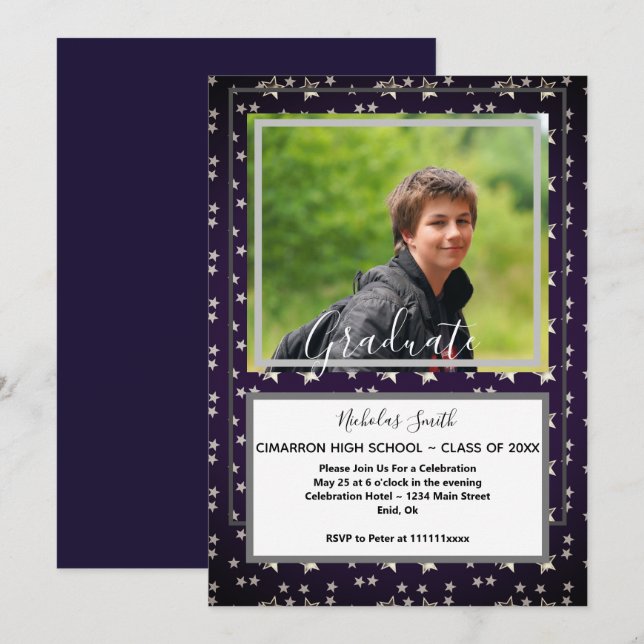 MODERN MALE GRAD STARS BLUE | GRADUATION PARTY INVITATION (Front/Back)