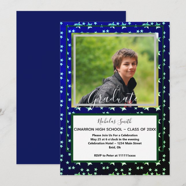 MODERN MALE GRAD STARS BLUE | GRADUATION PARTY INVITATION (Front/Back)