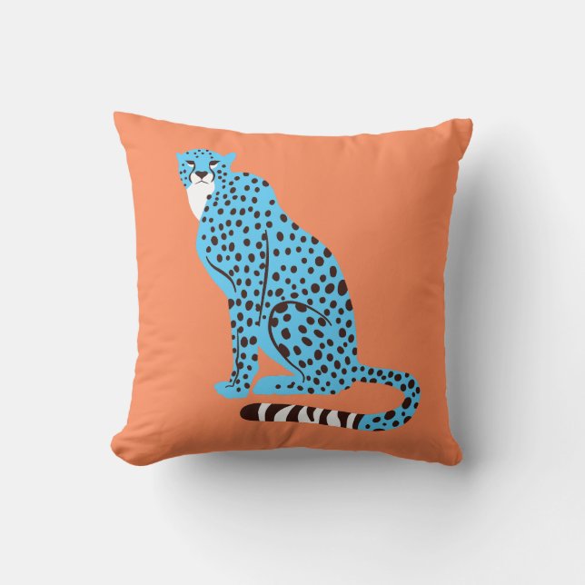 Modern Malibu Blue Cheetah on Salmon Orange Throw Pillow (Front)
