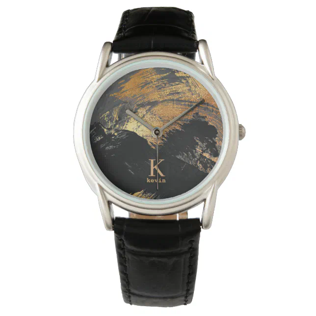 Modern man monogram name black gold personalized watch | Zazzle