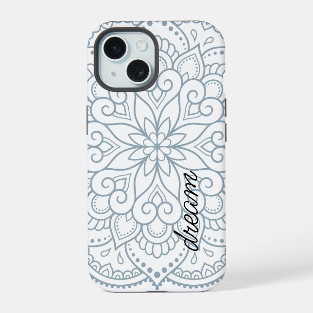 Modern Mandala Dusty Blue Script Iphone Case (Back)