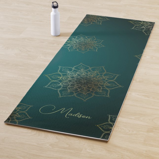 Modern Mandala Flower Dark Green Gold Name Yoga Mat (In Situ)