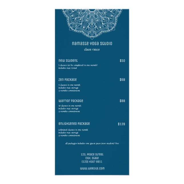 Modern Mandala Yoga Massage Reiki Teal Rack Card (Front)