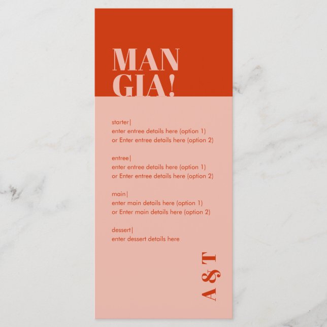 Modern Mangia Italian Burnt Orange Wedding  Menu (Front)