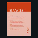 Modern Mangia Italian Burnt Orange Wedding Menu<br><div class="desc">Can be fully customized to suit your needs. © Gorjo Designs. Made for you via the Zazzle platform. // Looking for matching items? Other stationery from the set available in the ‘collections’ section of my store. // Need help customizing your design? Got other ideas? Feel free to contact me (Zoe)...</div>