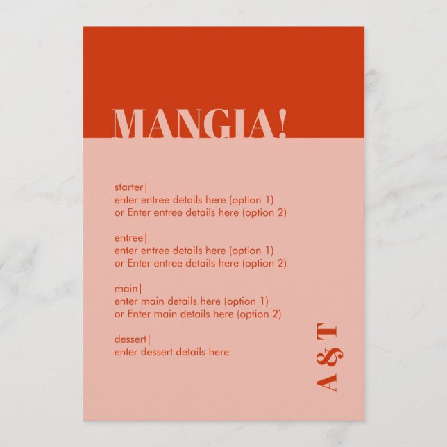 Modern Mangia Italian Burnt Orange Wedding Menu (Front)