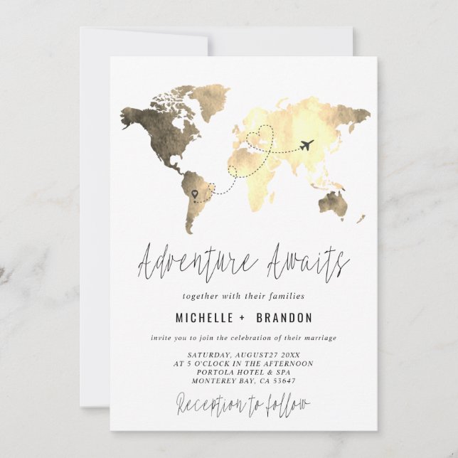 Modern Map of the World Blue Wedding Trip Thank You Card (Front)