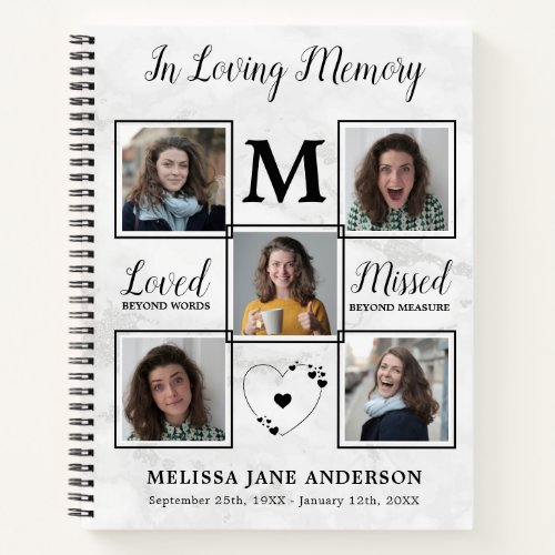 Modern Marble 5 Photo Budget Funeral GuestBook Notebook - Modern Marble Sympathy 5 Photo Funeral Guest Book. This funeral guest book features a unique photo collage for 5 of your favorite photos, monogram initial, name and dates, on a white marble design. Quote "In Loving Memory ... Loved beyond words, Misses beyond measure" This funeral guest book is perfect keepsake for memorial service, celebration of life and funeral . COPYRIGHT © 2020 Judy Burrows, Black Dog Art - All Rights Reserved. Modern Marble 5 Photo Budget Funeral GuestBook Notebook