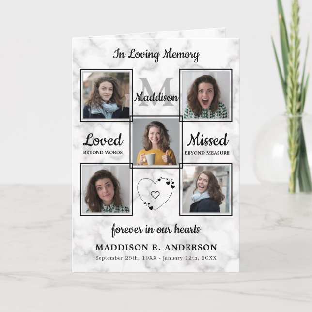 Modern Marble 5 Photo Collage Memorial Funeral Program (Front)