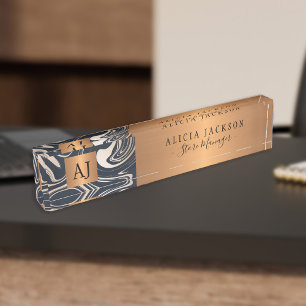 Modern marble abstract pattern black gold monogram desk name plate