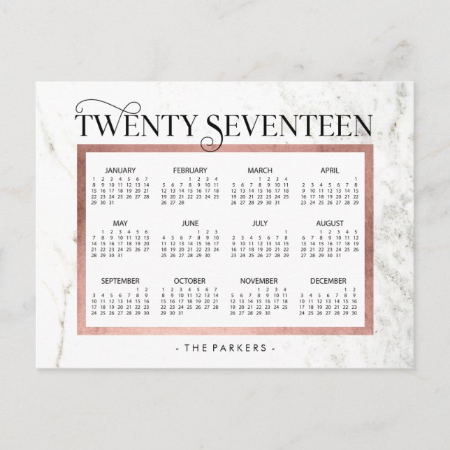 Modern Marble and Faux Rose Gold 2017 Calendar Holiday Postcard (Front)