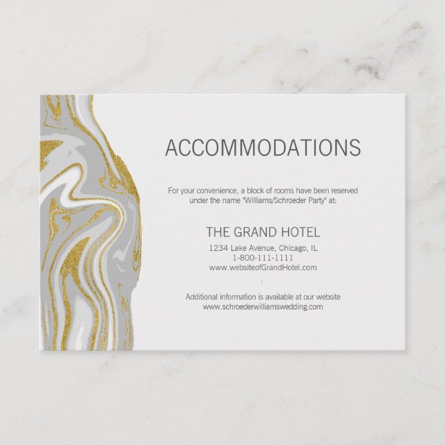 Modern Marble and Gold Wedding Accommodations Card (Front)