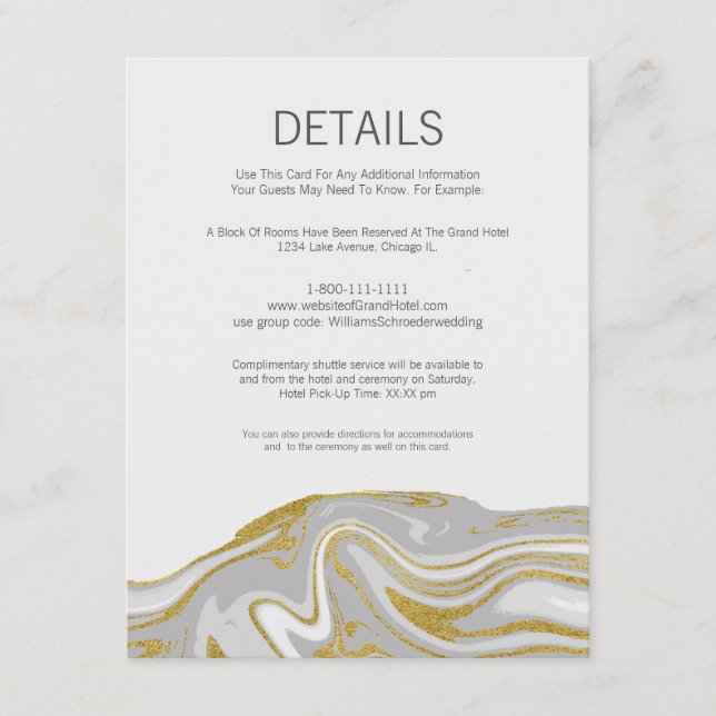 Modern Marble and Gold Wedding Details Card (Front)