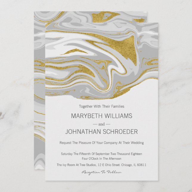 Modern Marble and Gold Wedding Invitation Card (Front/Back)