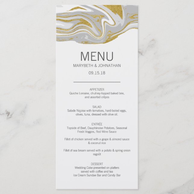 Modern Marble and Gold Wedding Menu Card (Front)