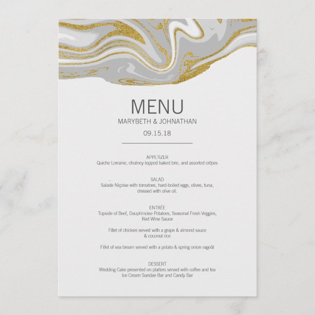 Modern Marble and Gold Wedding Menu Card (Front)