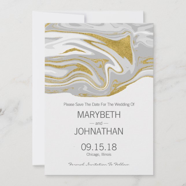 Modern Marble and Gold Wedding Save The Date Card (Front)