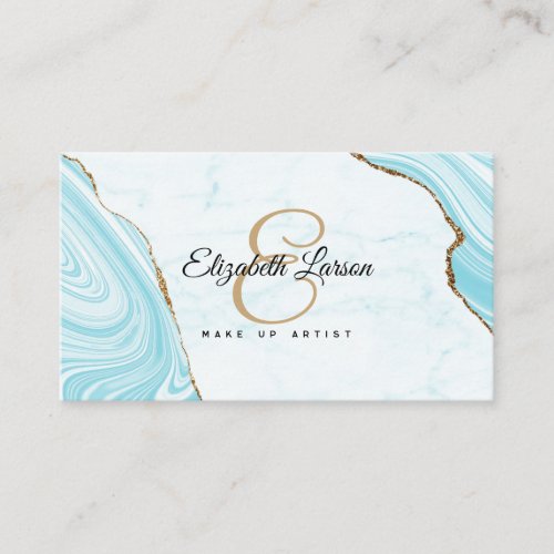 Modern Marble Aqua Blue Glitter QR Salon Makeup Business Card